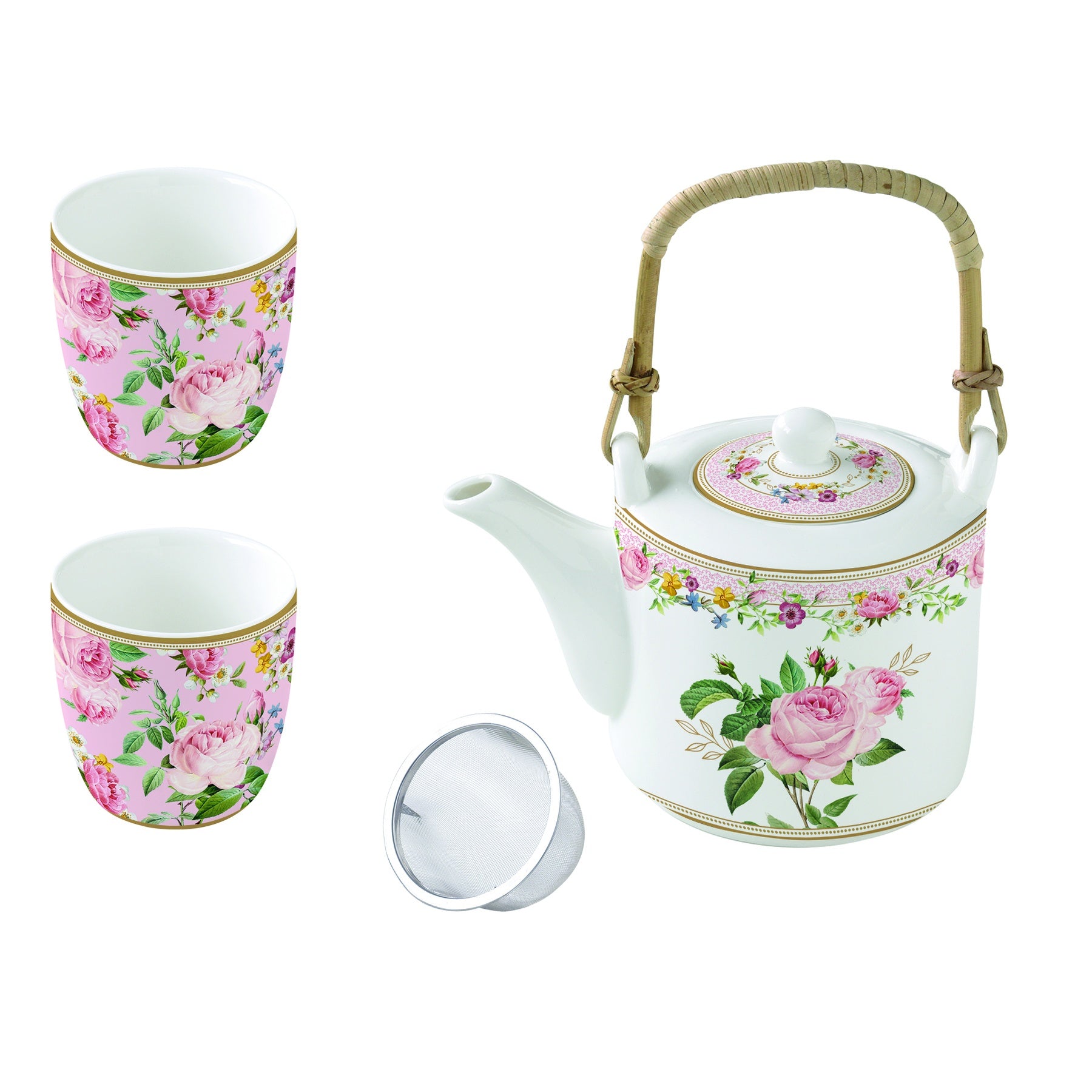 Porcelán teáskanna 600 ml két pohárral díszdobozban– Rózsa mintás Chant des Roses