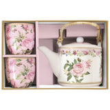 Porcelán teáskanna 600 ml két pohárral díszdobozban– Rózsa mintás Chant des Roses