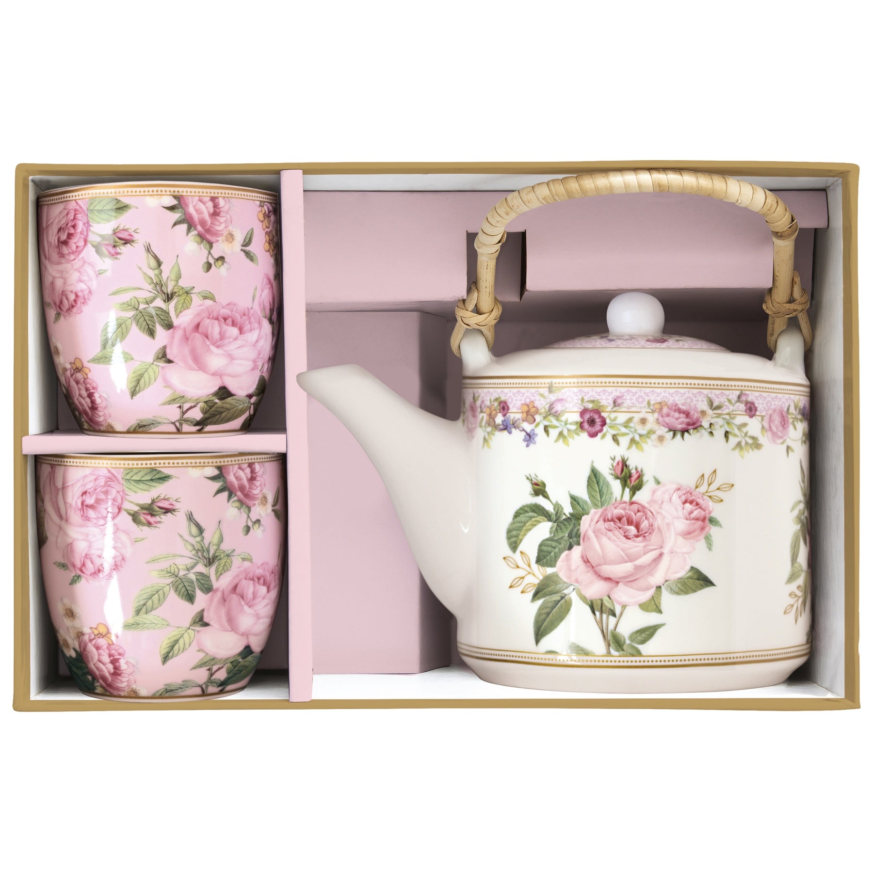 Porcelán teáskanna 600 ml két pohárral díszdobozban– Rózsa mintás Chant des Roses
