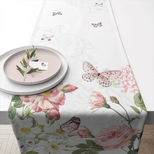 Tavaszi pamut asztali futó 40x150 cm virágos-pillangós mintával Amelia White