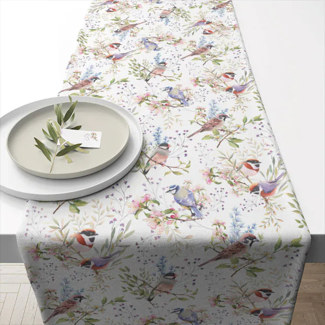 Tavaszi Virágos–madaras pamut asztali futó 40x150 cm Busy birds