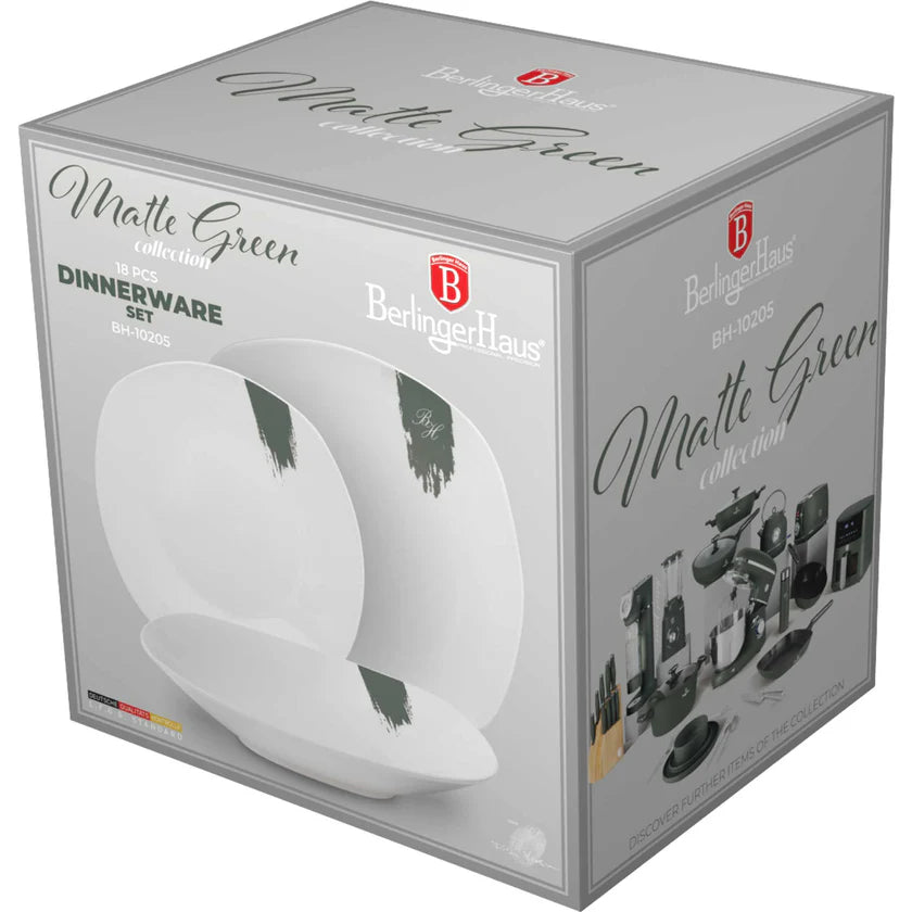 18 részes fehér porcelán étkészlet matt zöld dekorral
