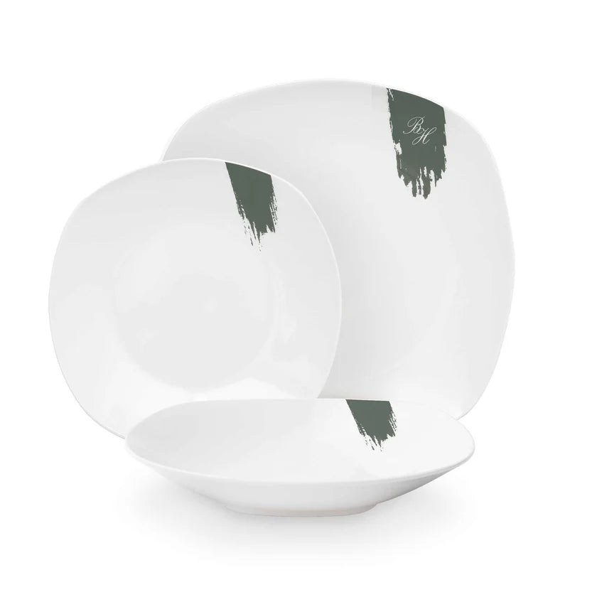 18 részes fehér porcelán étkészlet matt zöld dekorral
