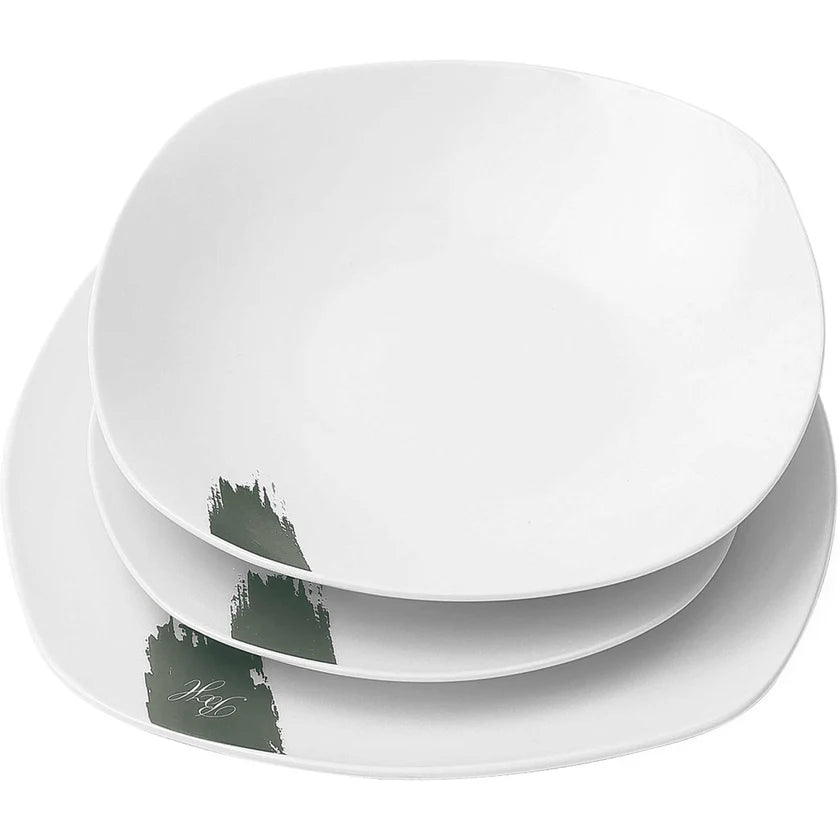 18 részes fehér porcelán étkészlet matt zöld dekorral