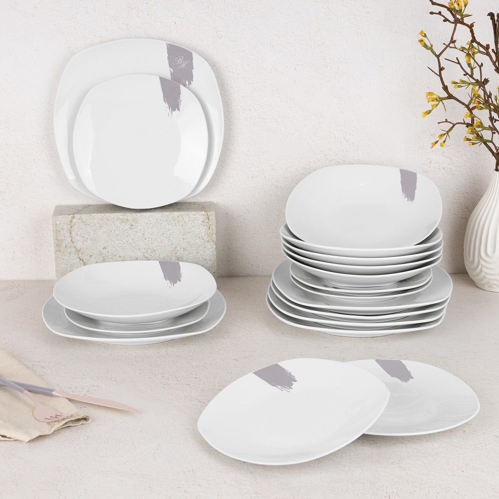 18 részes fehér porcelán étkészlet szürkés dekorral