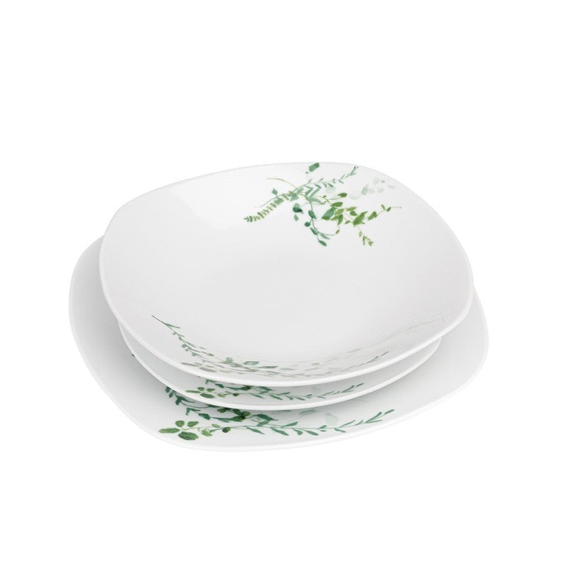 18 részes fehér porcelán étkészlet zöld leveles mintával