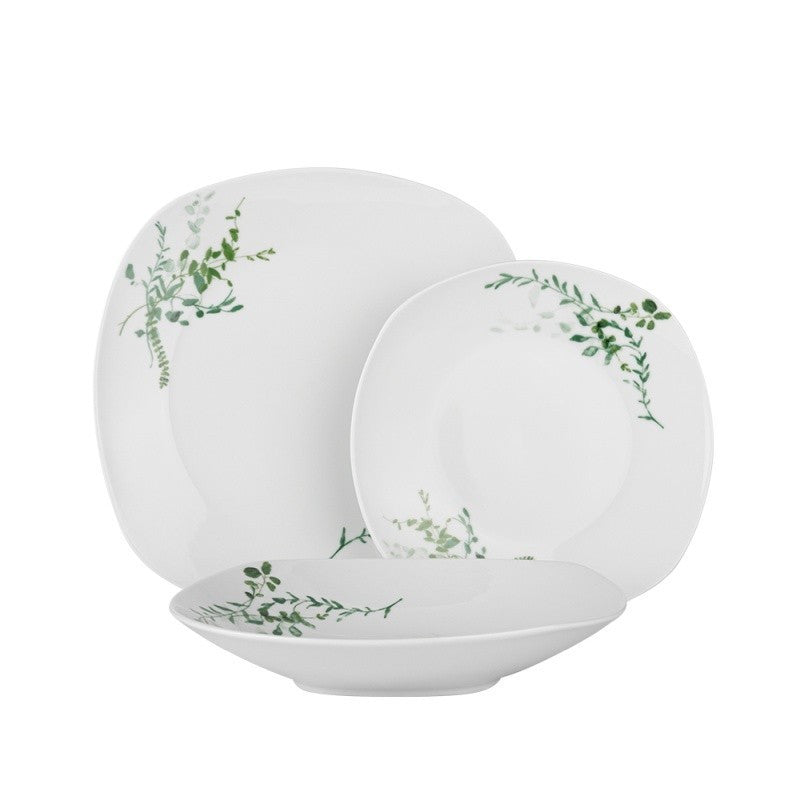 18 részes fehér porcelán étkészlet zöld leveles mintával