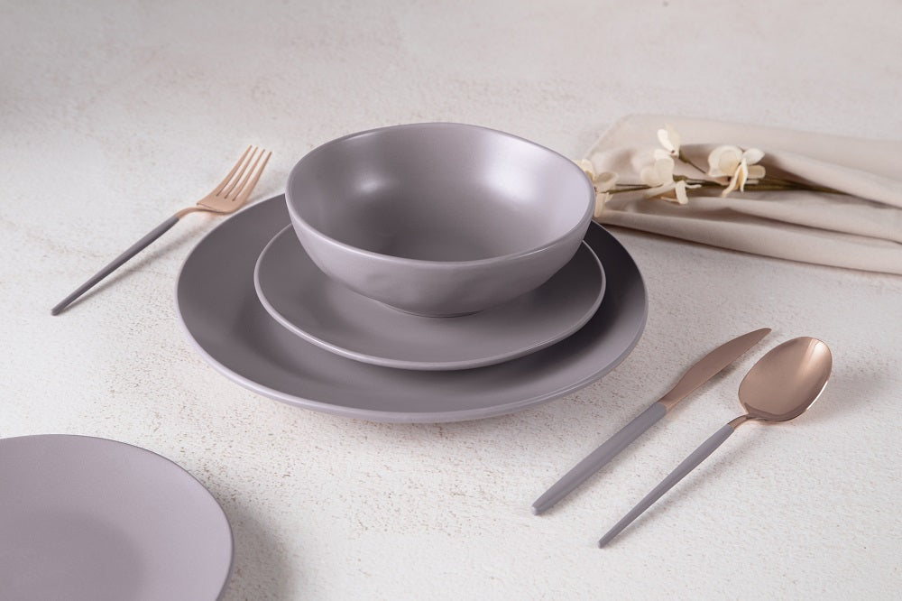 18 részes taupe szürkésbarna stoneware kerámia étkészlet