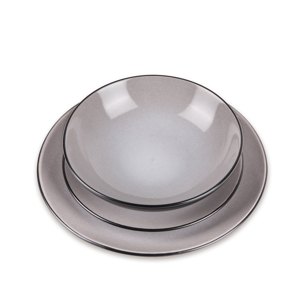 18 részes taupe szürkésbarna stoneware kerámia étkészlet fekete szegéllyel