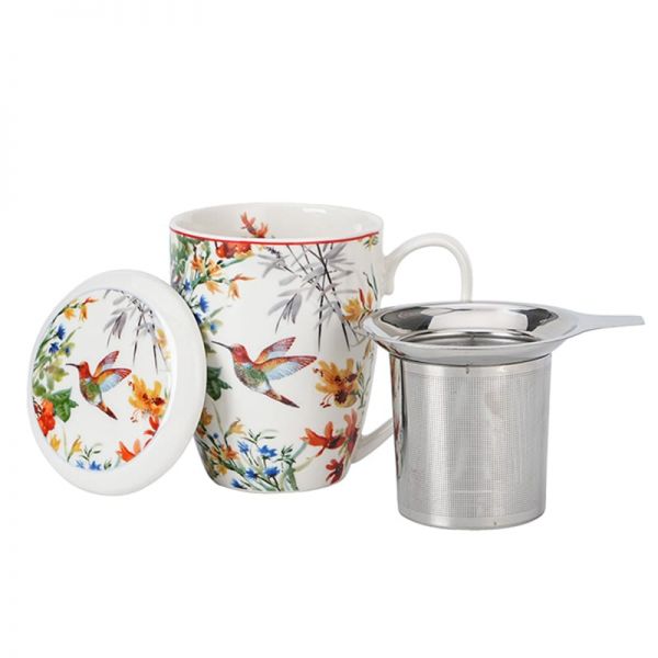Kolibri madaras porcelán bögre fémszűrővel és tetővel - 350 ml virágos porcelán teás bögre fémszűrővel és tetővel - 350 ml