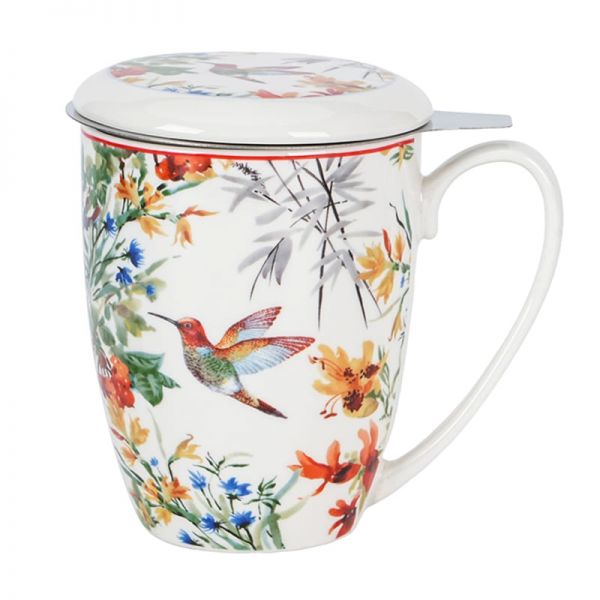 Kolibri madaras porcelán bögre fémszűrővel és tetővel - 350 ml virágos porcelán teás bögre fémszűrővel és tetővel - 350 ml