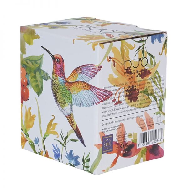 Kolibri madaras porcelán bögre fémszűrővel és tetővel - 350 ml virágos porcelán teás bögre fémszűrővel és tetővel - 350 ml