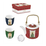 Karácsonyi porcelán ajándék szett teáskanna fém szűrővel 2 porcelán pohárral díszdobozban Festive Avenue