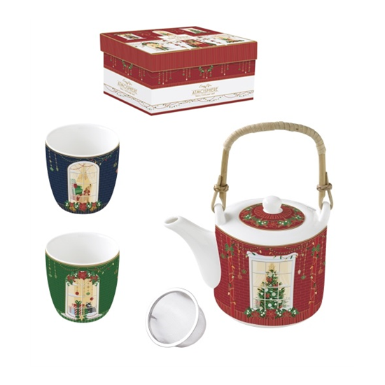 Karácsonyi porcelán ajándék szett teáskanna fém szűrővel 2 porcelán pohárral díszdobozban Festive Avenue
