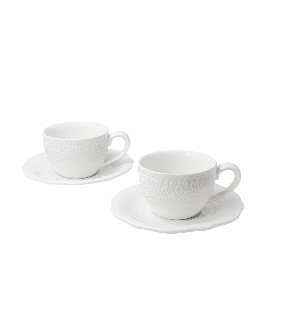 Fehér porcelán kávés csésze elegáns virágos dombormintával két személyes díszdobozban