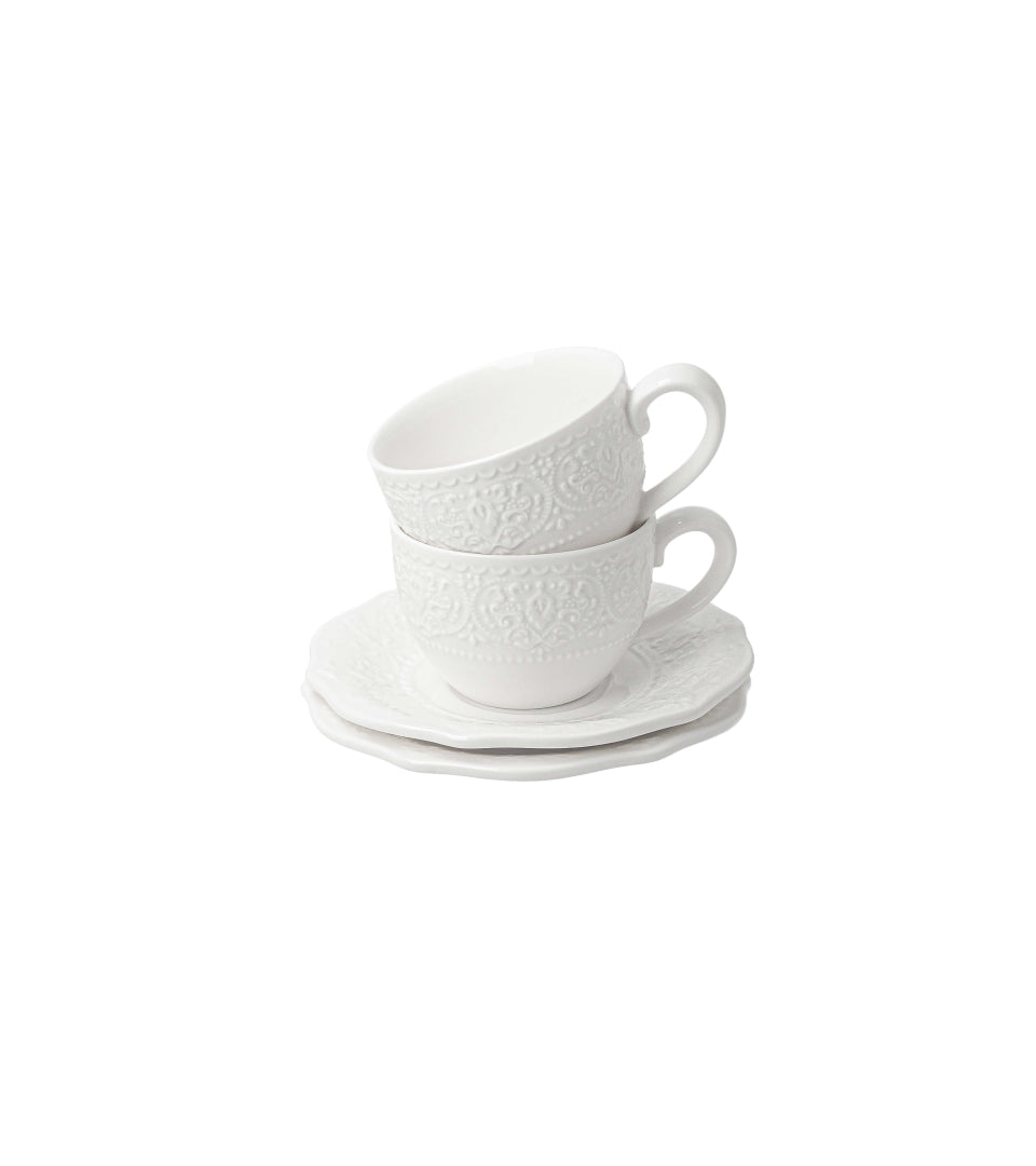 Fehér porcelán kávés csésze elegáns virágos dombormintával két személyes díszdobozban