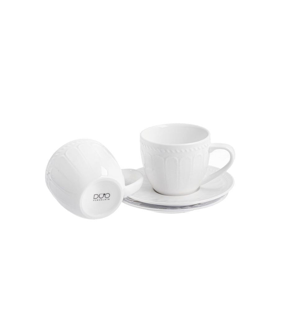Fehér porcelán kávés csésze elegáns csikos dombormintával két személyes díszdobozban