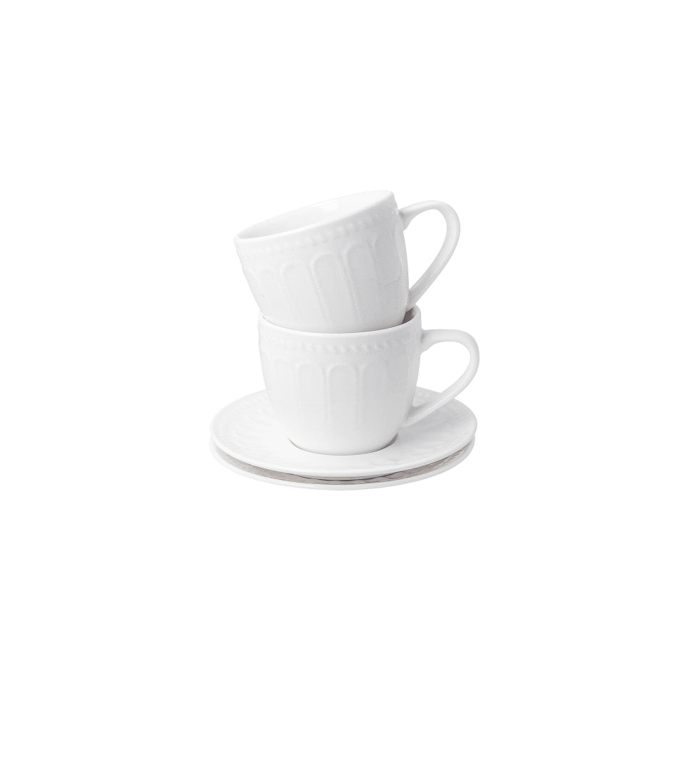 Fehér porcelán kávés csésze elegáns csikos dombormintával két személyes díszdobozban
