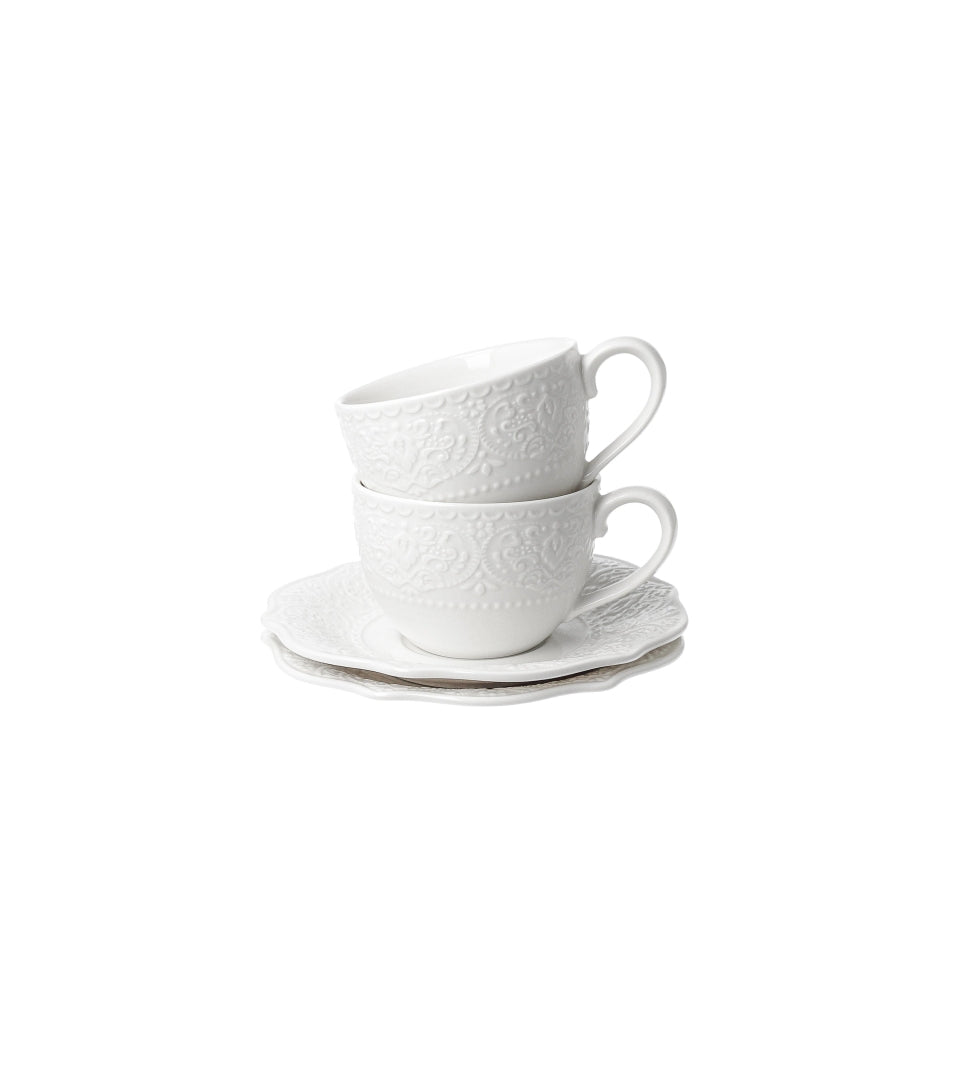 Fehér porcelán csésze elegáns virágos dombormintával két személyes díszdobozban