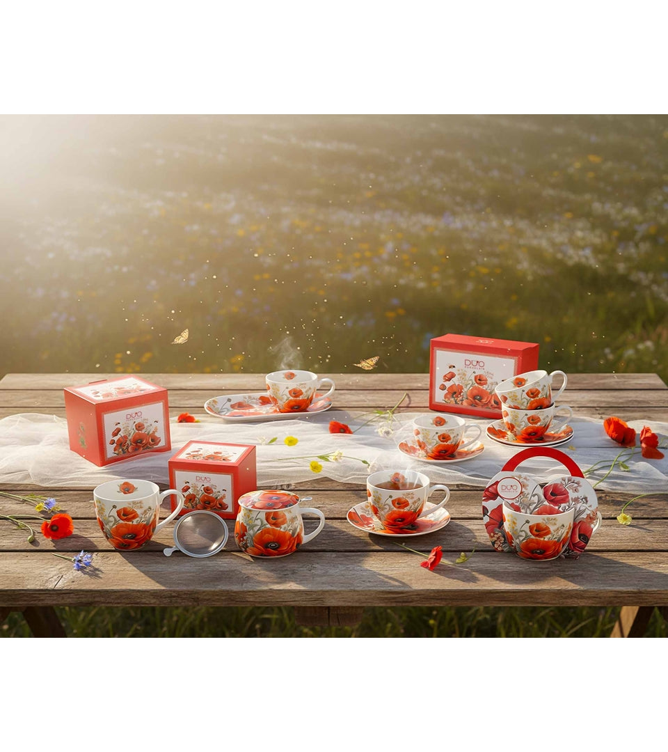Porcelán pipacsos csésze aljjal 270 ml két személyes Poppies