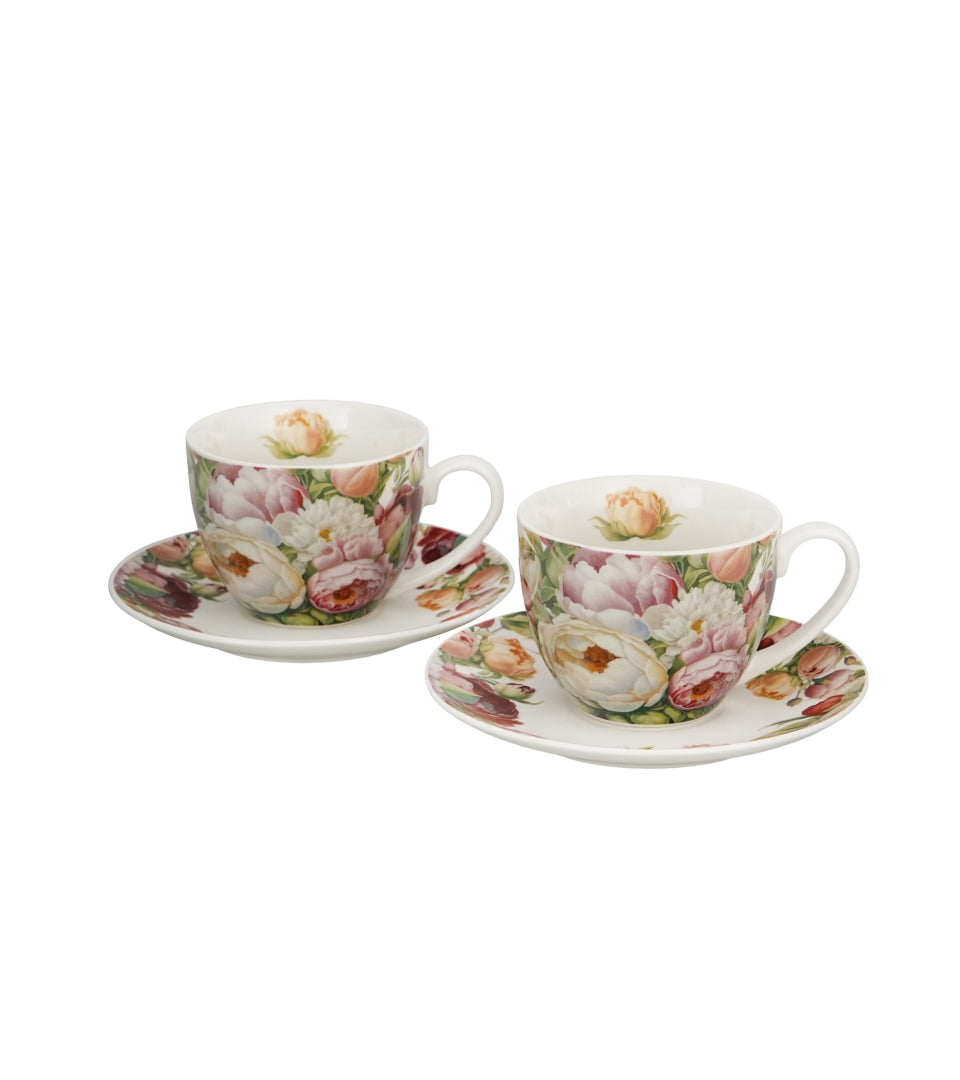 Porcelán csésze aljjal 270 ml díszdobozban 2 személyes szett Peonies
