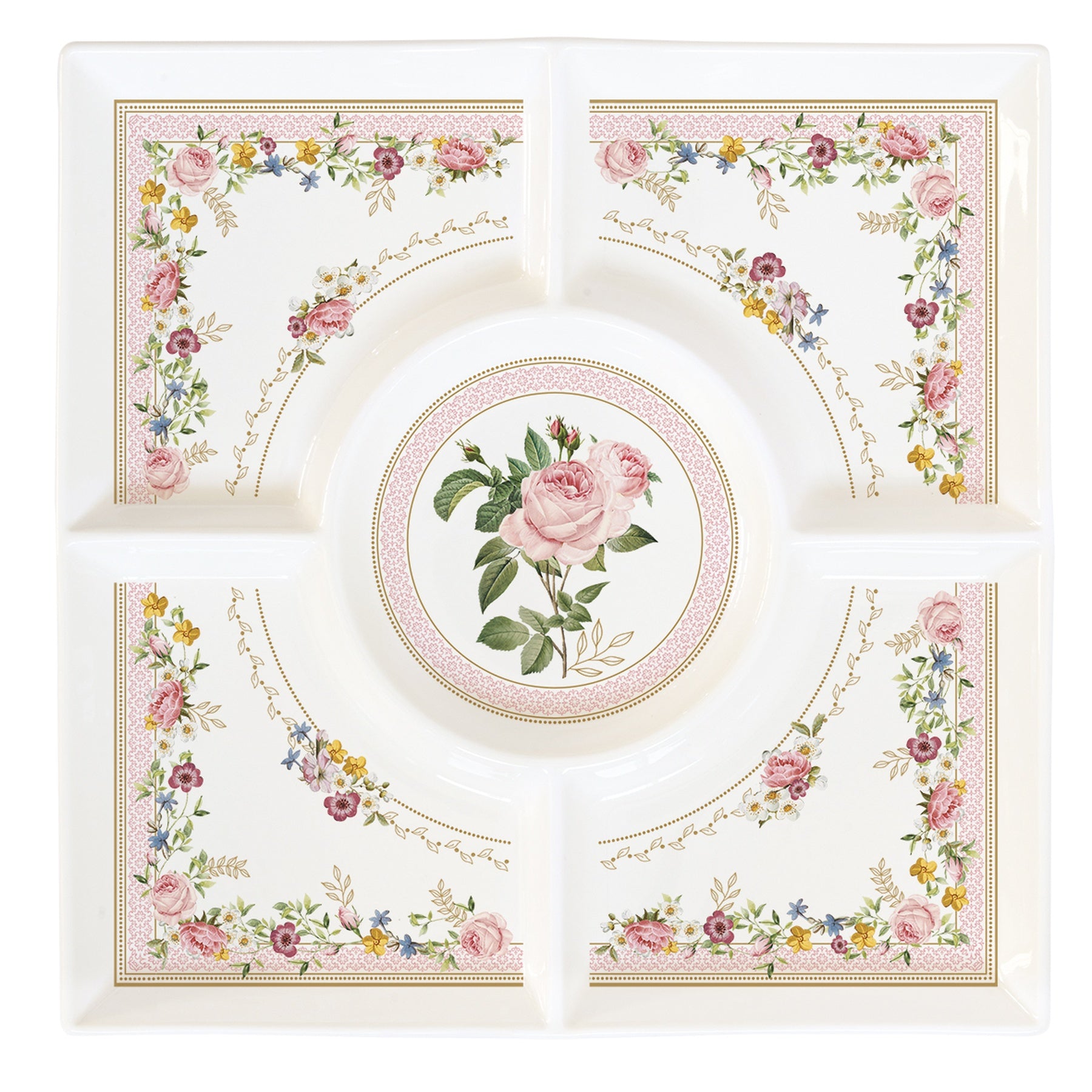 Porcelán osztott kínáló tálca 25x25 cm díszdobozban – Rózsa mintás Chant des Roses