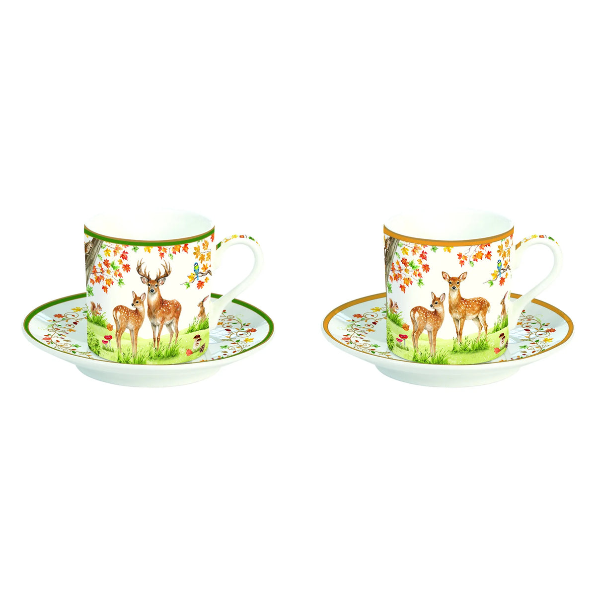 Őszi erdei mintás porcelán eszpresszó kávés csésze 2 személyes készlet