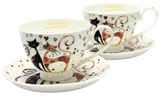 Cicás porcelán csésze aljjal 2 személyes 250 ml fekete-barna virágos macskák