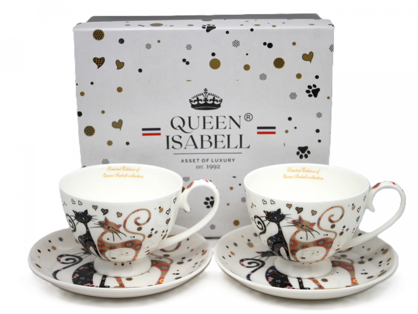 Cicás porcelán csésze aljjal 2 személyes 250 ml fekete-barna virágos macskák