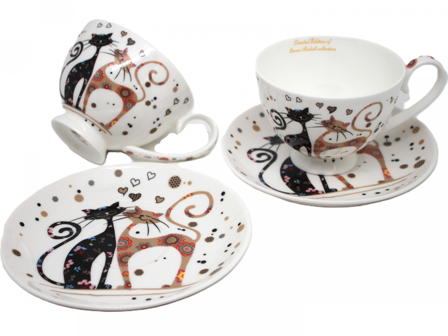Cicás porcelán csésze aljjal 2 személyes 250 ml fekete-barna virágos macskák