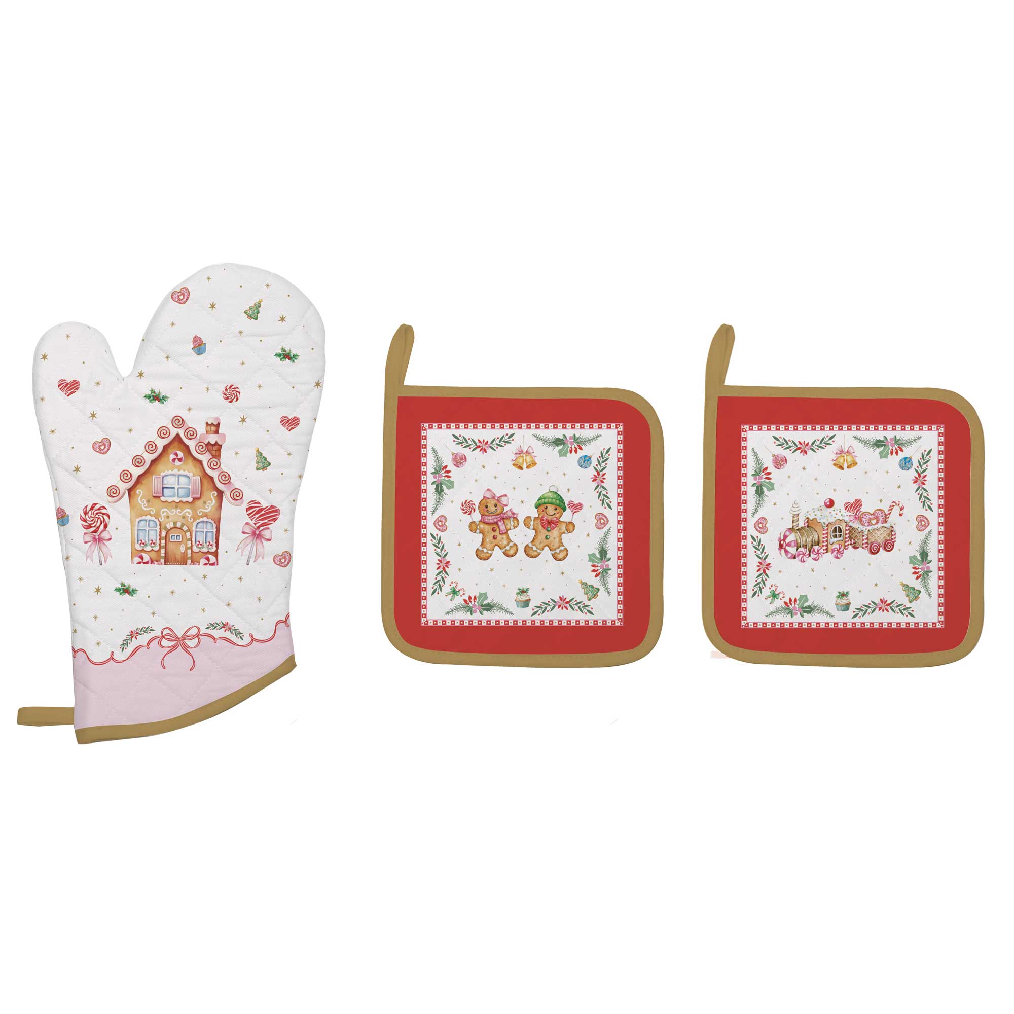 Karácsonyi mézeskalács pamut edényfogó kesztyű és edényalátét szett Sweet Christmas