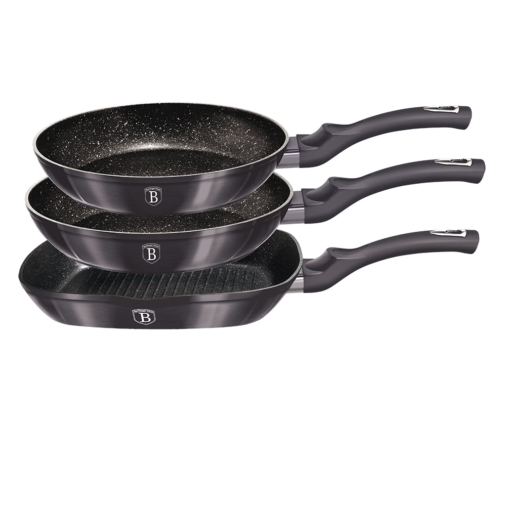 3 részes indukciós serpenyő szett szürke Berlinger Haus Metallic Line Carbon Edition grill serpenyővel