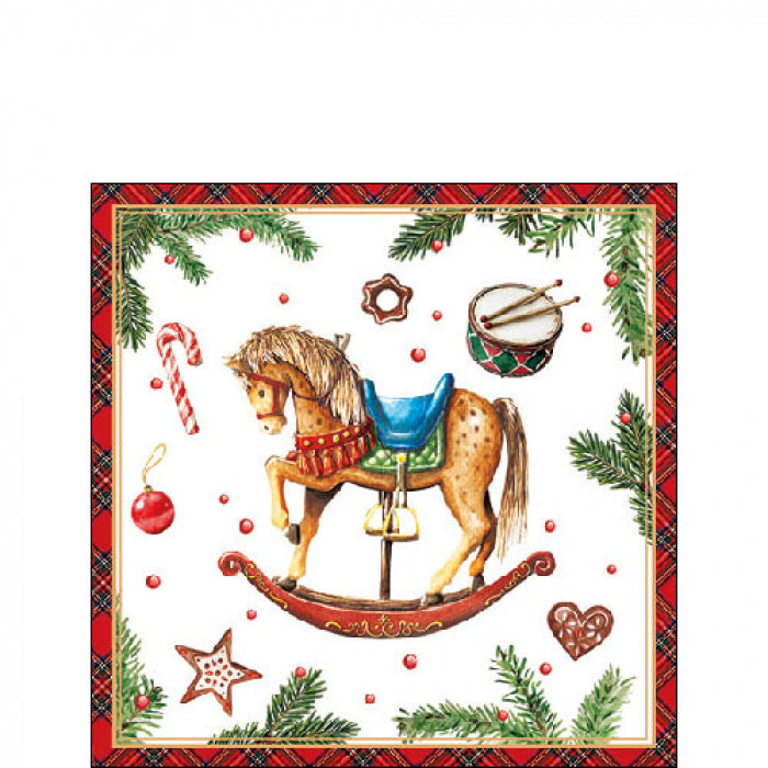 Karácsonyi hintalovas háromrétegű papírszalvéta 25x25 cm 20 db-os Christmas Toys fehér