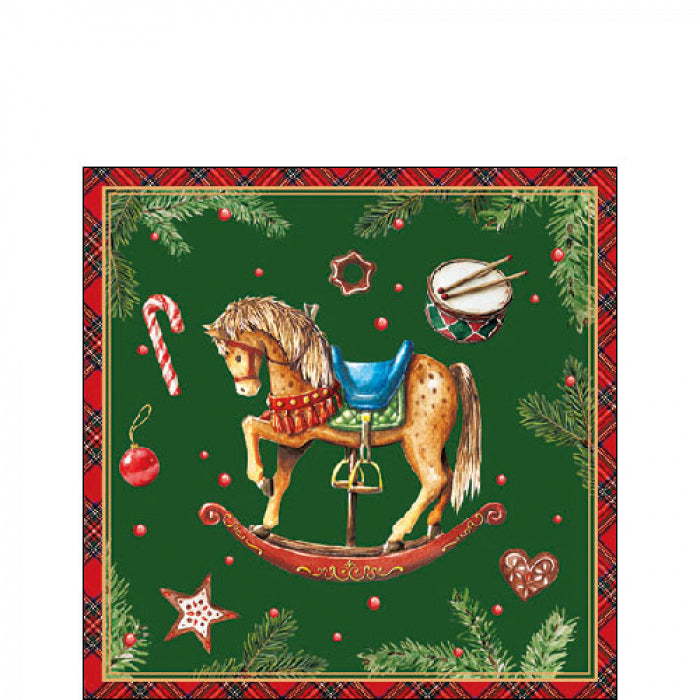 Karácsonyi hintalovas háromrétegű papírszalvéta 25x25 cm 20 db-os Christmas Toys zöld