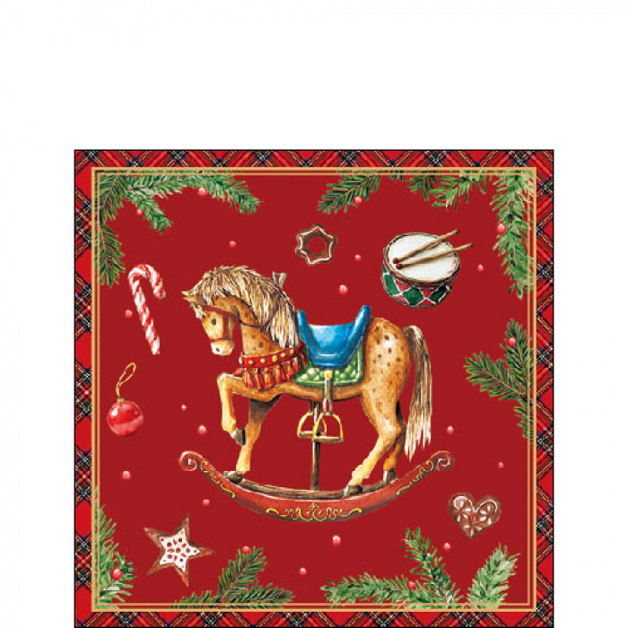 Karácsonyi hintalovas háromrétegű papírszalvéta 25x25 cm 20 db-os Christmas Toys piros