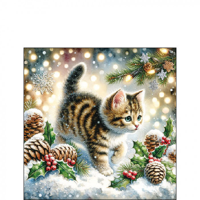 Karácsonyi cicás háromrétegű papírszalvéta 25x25 cm 20 db Cute cat in the snow