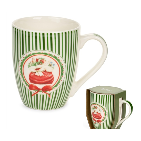 Karácsonyi porcelán bögre 350 ml zöld csíkos ajándékos