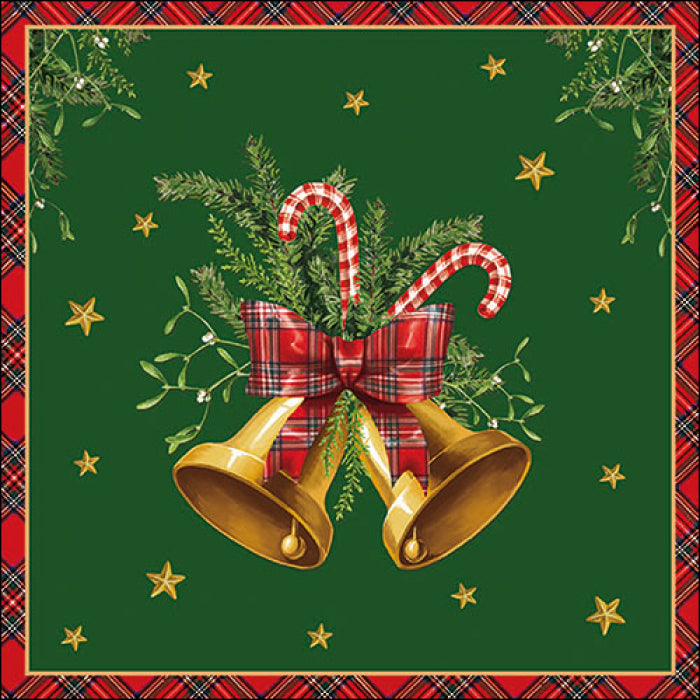 Háromrétegű karácsonyi papírszalvéta 33x33 cm 20 db Scottish bells green