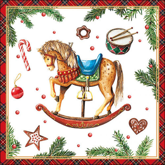 Karácsonyi hintalovas háromrétegű papírszalvéta 33x33 cm 20 db-os Christmas Toys White