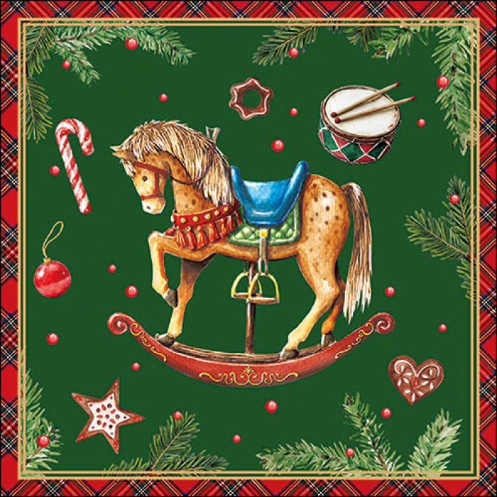 Karácsonyi hintalovas háromrétegű papírszalvéta 33x33 cm 20 db-os Christmas Toys zöld