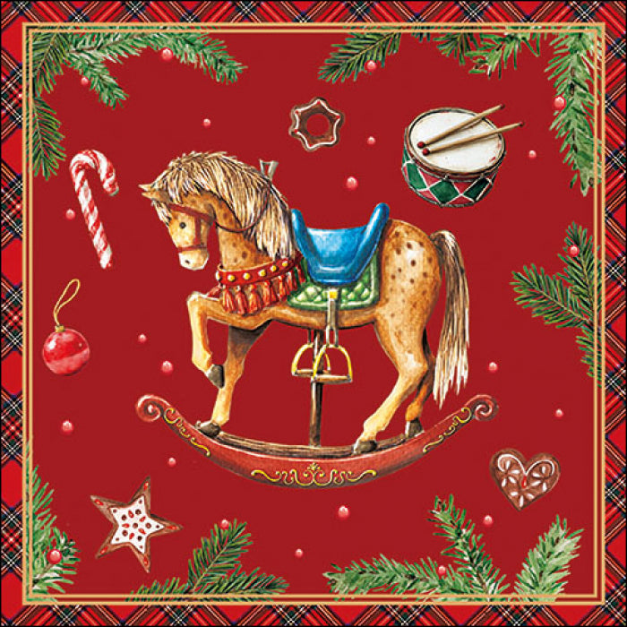 Karácsonyi hintalovas háromrétegű papírszalvéta 33x33 cm 20 db-os Christmas Toys piros