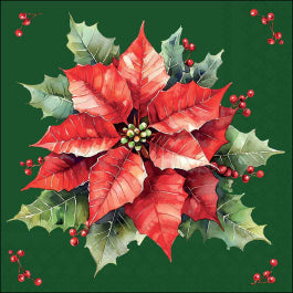 Karácsonyi mikulásvirág mintás zöld szalvéta 33x33 cm 20 db-os Festive Poinsettia