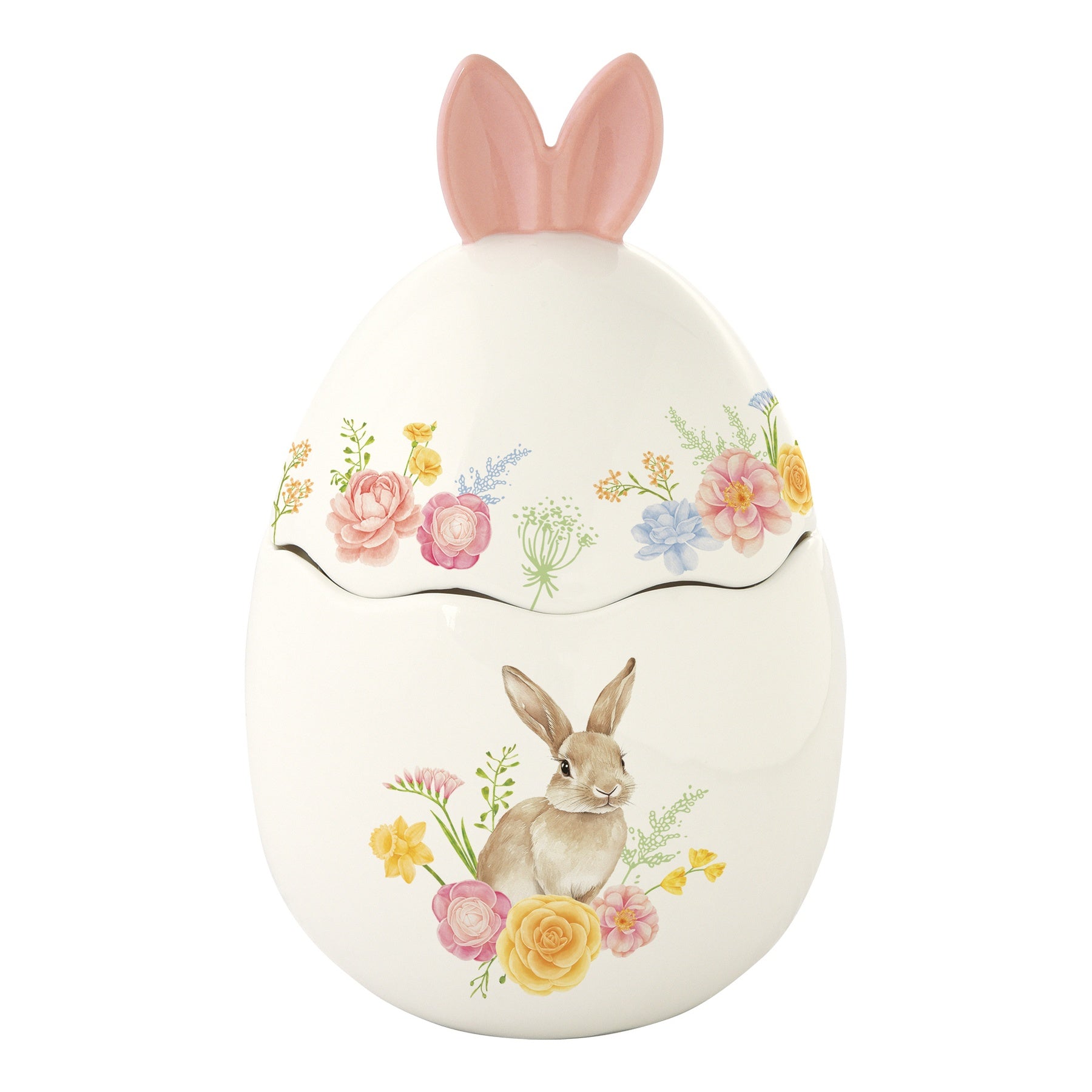 Húsvéti nyuszis porcelán keksztároló 11x18 cm tojás forma díszdobozban