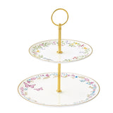 Porcelán süteményes állvány 2 emeletes madaras pillangós díszdobozzal Fancy Garden