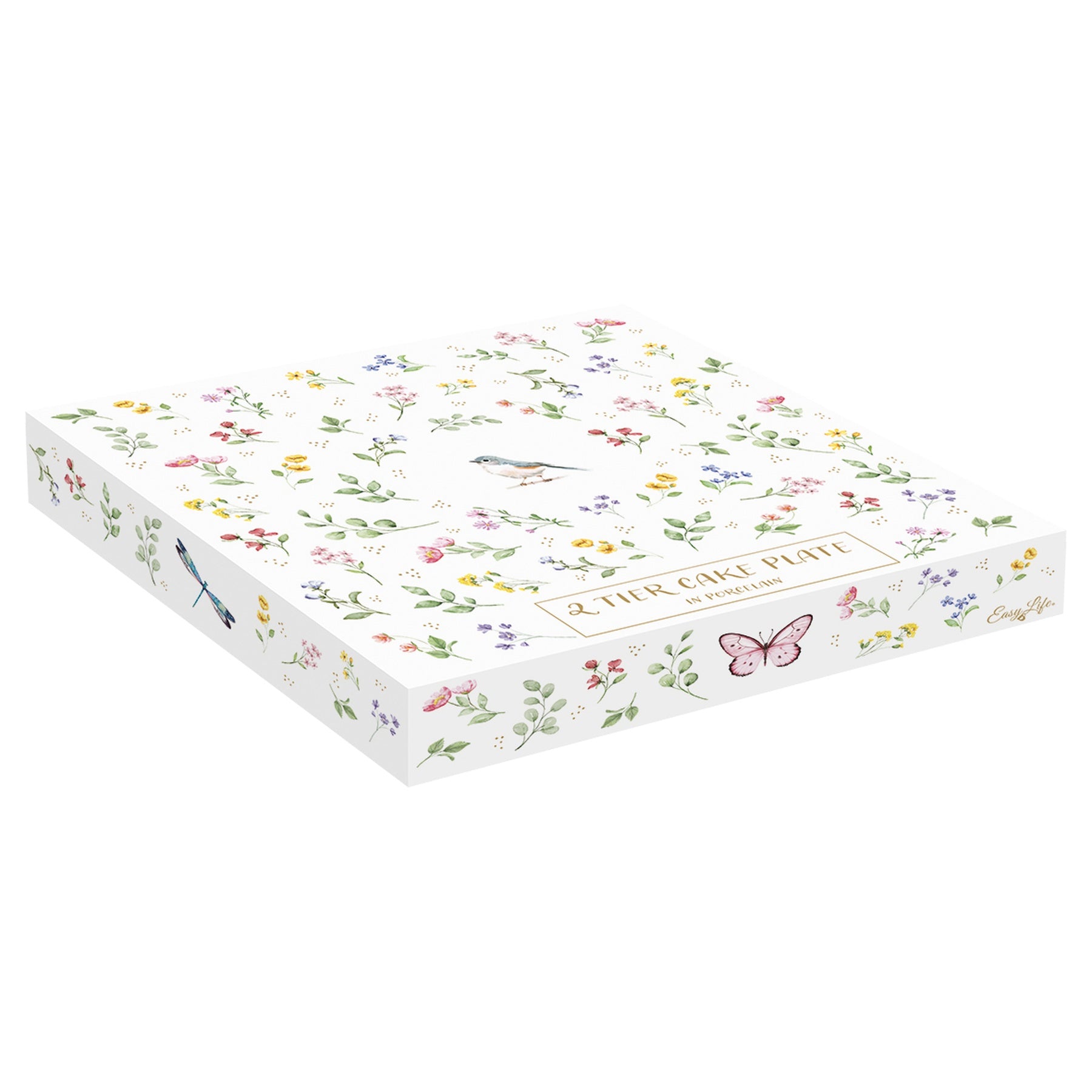 Porcelán süteményes állvány 2 emeletes madaras pillangós díszdobozzal Fancy Garden