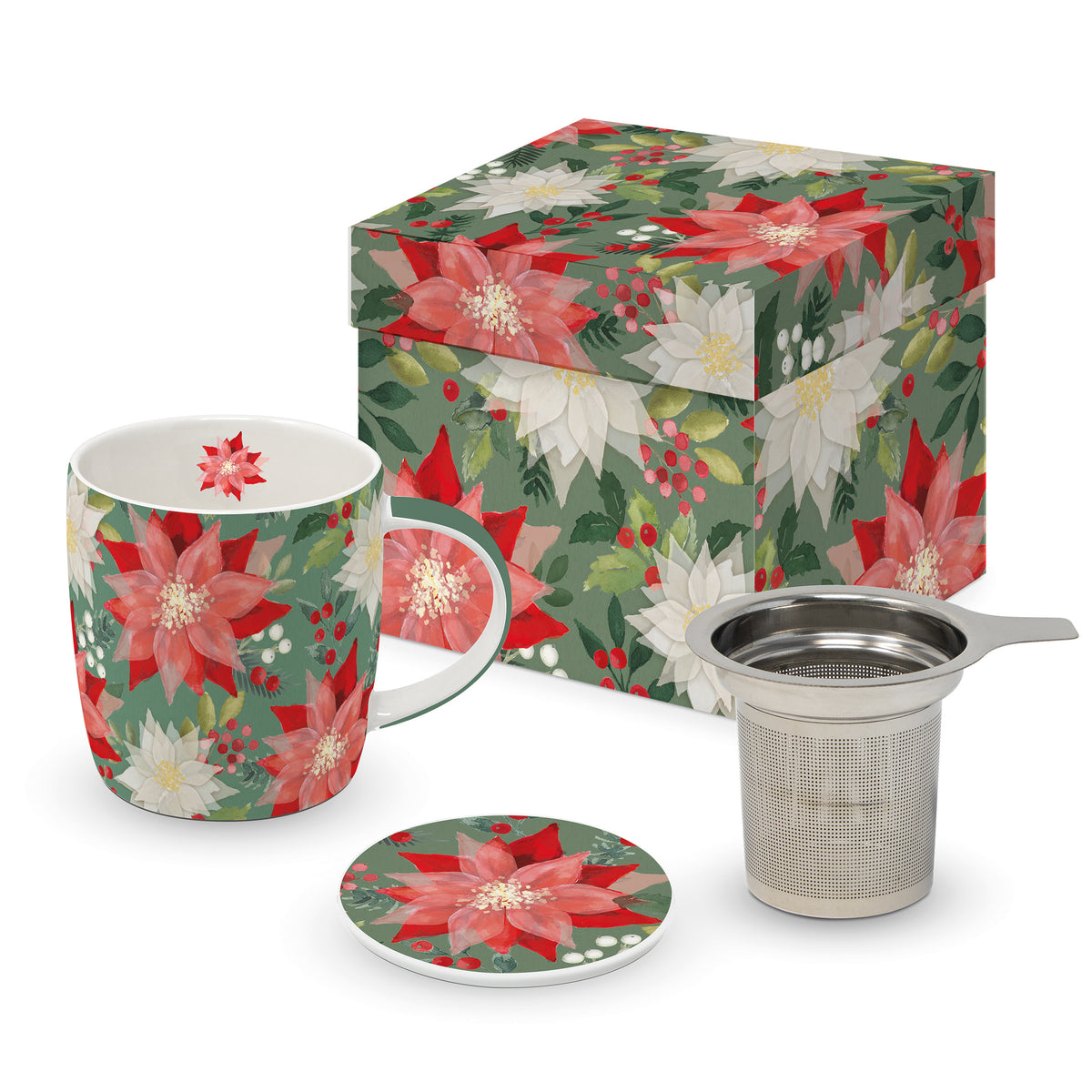 Karácsonyi porcelán teás bögre tetővel fémszűrővel 350 ml díszdobozban