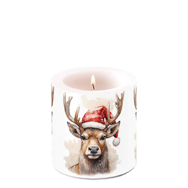 Karácsonyi rénszarvas átvilágítós viasz gyertya kicsi Deer with Santa hat