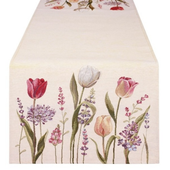 Tavaszi tulipán virágos asztali futó 40x140 cm pamut Storie Fiorite
