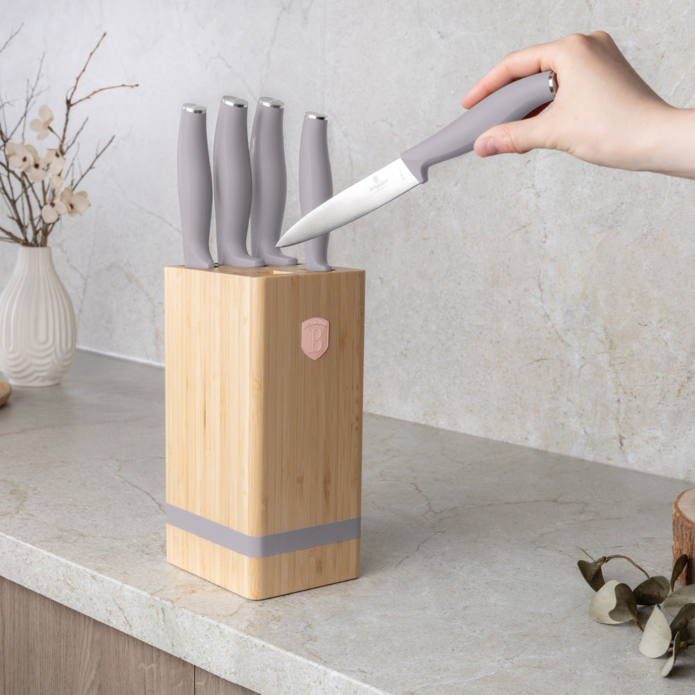 6 részes minőségi matt szürke késkészlet bambusz állvánnyal Berlinger Haus Taupe Collection