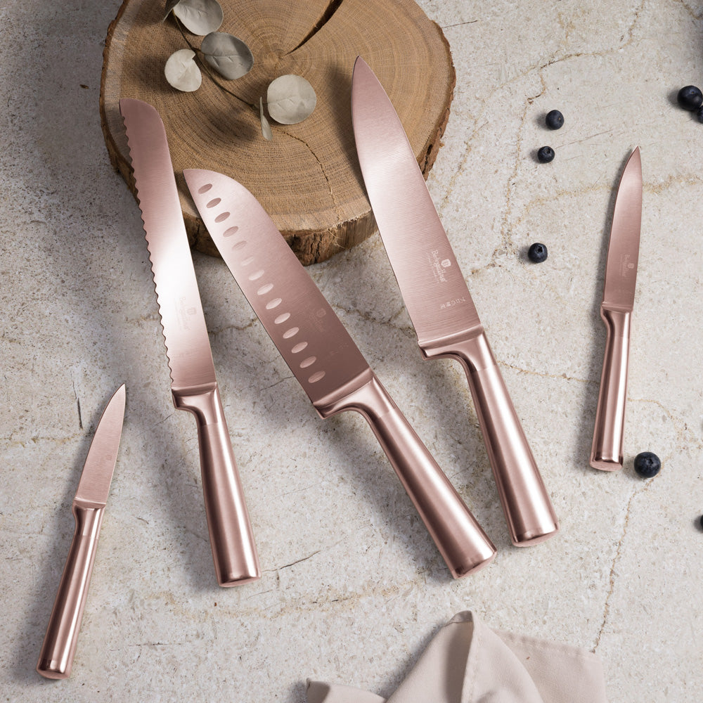 6 részes rose gold késkészlet akácfa állvánnyal Berlinger Haus Taupe Collection
